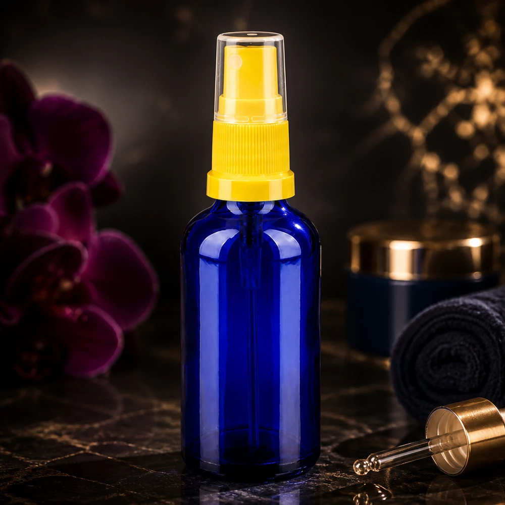 50ml suihkepullo keltainen/läpinäkyvä vakiokorkki BlueLine UT18/50 Pieni 50 ml:n suihkepullo, valmistettu UV-suojalasista, sinisestä lasista, jossa on vakiokierre UT18 seerumeita varten.