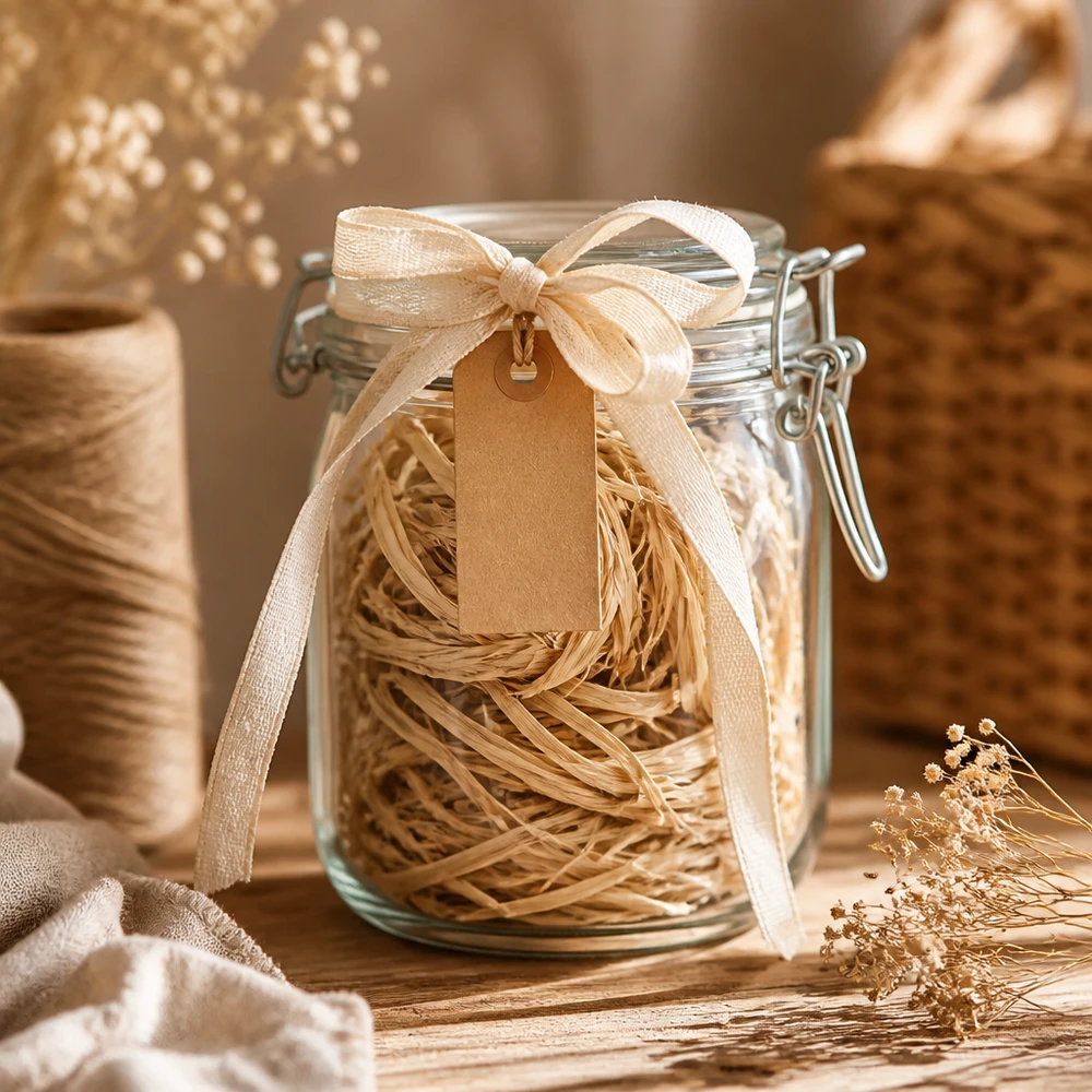 Luonnon raffia 30g säilöntäpurkissa nauhalla ja etiketillä lahjaideana luoviin käsityöprojekteihin ja koristeluun.