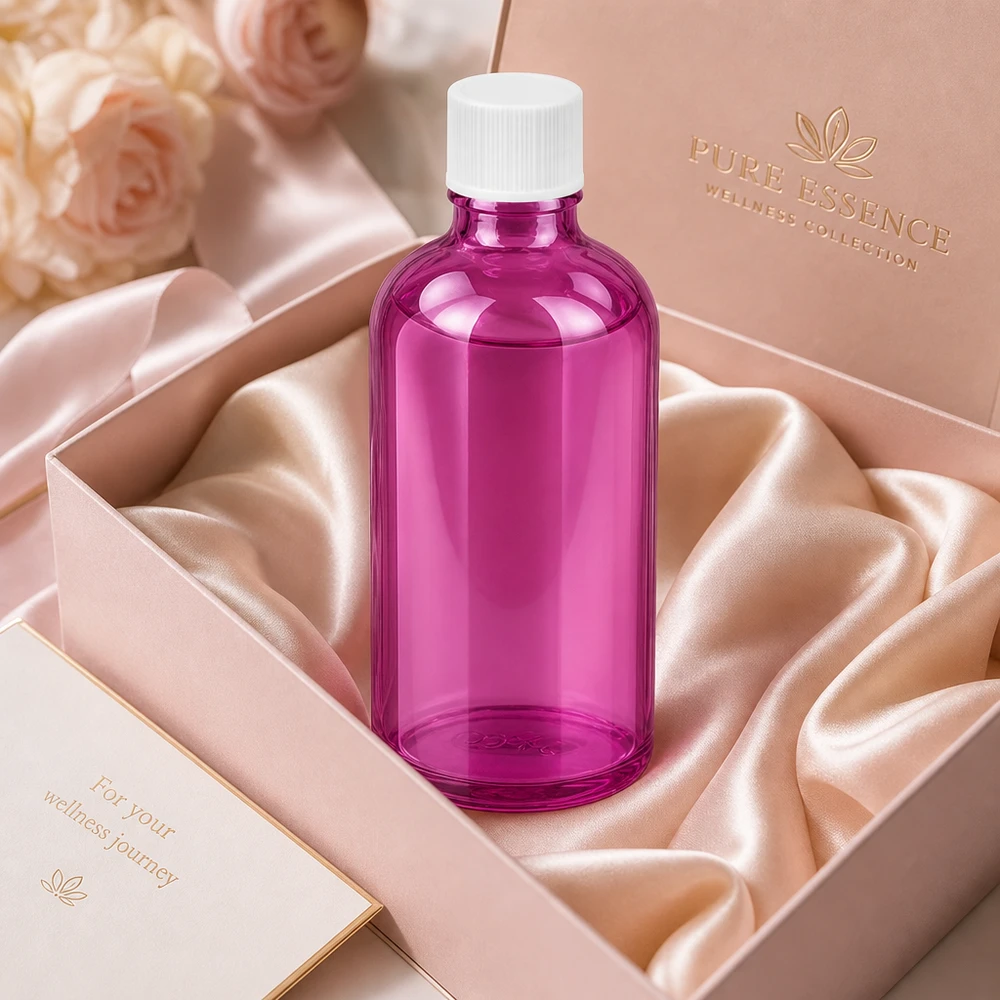 Korkealaatuinen 100ml lasipullo tyylikkäässä violetissa värissä ammattimaiseen hyvinvointiin ja kauneudenhoitoon.