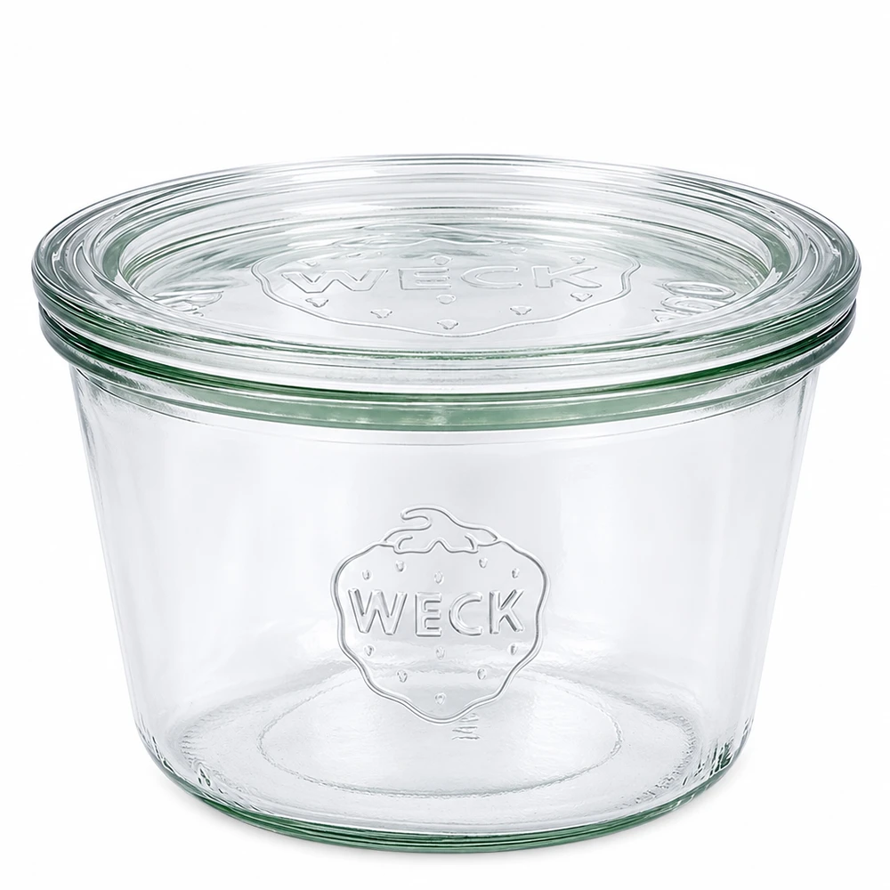 WECK 370ml muuripurkki lasikannella RR100 läpinäkyvä säilöntäpurkki, jossa on kohokuvioinen logo säilöntään