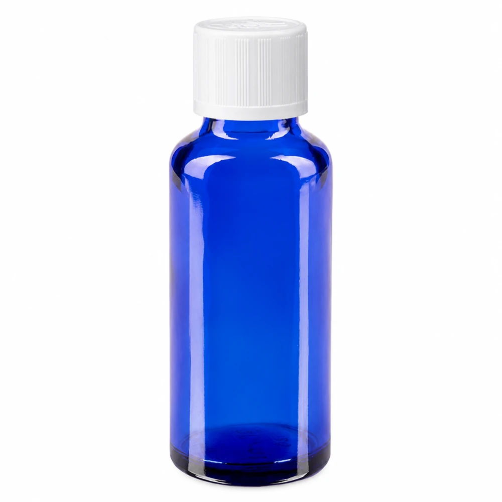 30 ml:n sininen lasinen apteekkipullo, jossa on valkoinen lapsiturvallinen korkki ja 1,2 mm:n tiputusosa