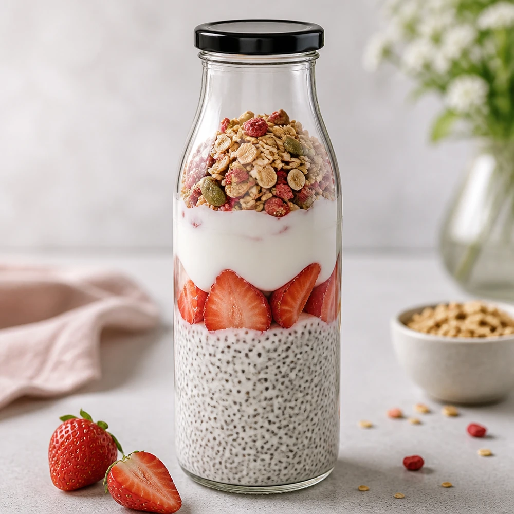 500ml lasipullo mustalla kannella chia-vanukasta, mansikoita ja mysliä sisältävää yön yli -kaura-aamiaista varten.
