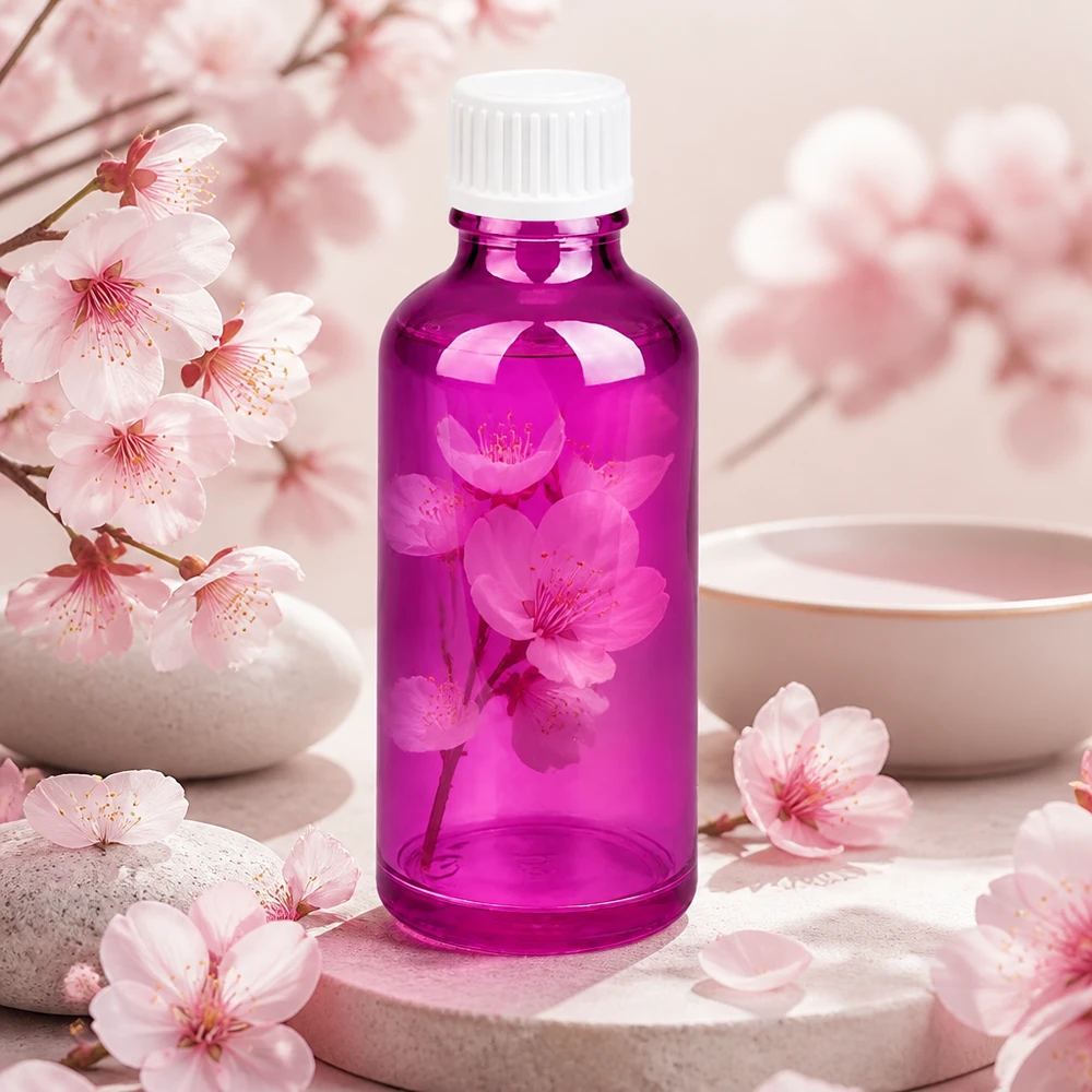 Laadukas 50 ml:n violetti lasipullo, jossa on UV-suoja valolle herkille aktiivisille ainesosille.
