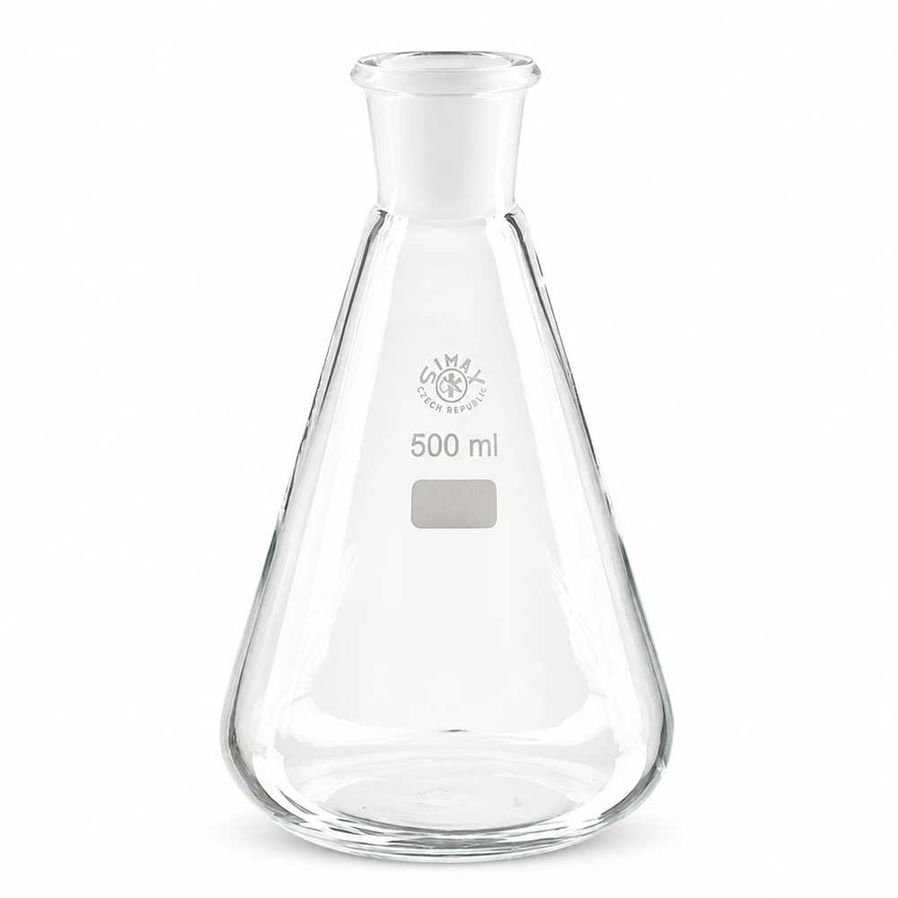 Erlenmeyerpullo 500ml, jossa on vakiohiottu liitos (29/32). Erlenmeyer-pullo 500ml borosilikaattilasi, jossa on vakiohionta 29/32 laboratoriosovelluksia varten