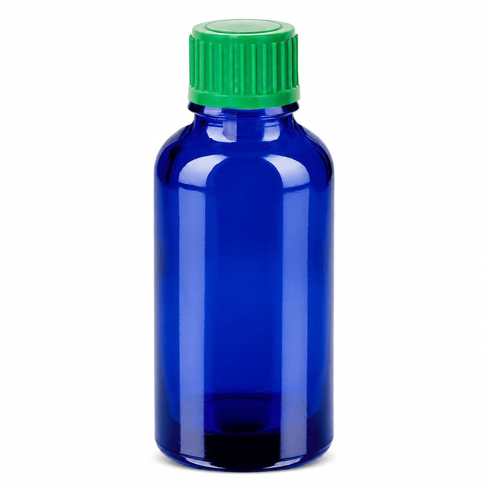 30ml tippapullo 0.8mm vihreä vakiokorkki BlueLine UT18/30 BlueLine UT18/30 Sininen 30ml tippapullo lasista, jossa on vihreä korkki tarkkaa annostelua varten.