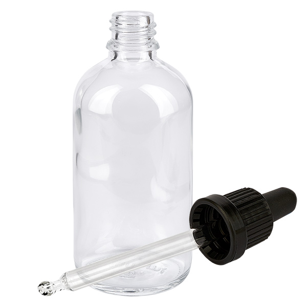 100 ml:n pipettipullo musta väärentämisen estävä suljin ClearLine UT18/100 100 ml:n pipettipullo, kirkasta lasia, irrotettavalla mustalla tiputtimella, ClearLine UT18, laboratoriolaatu