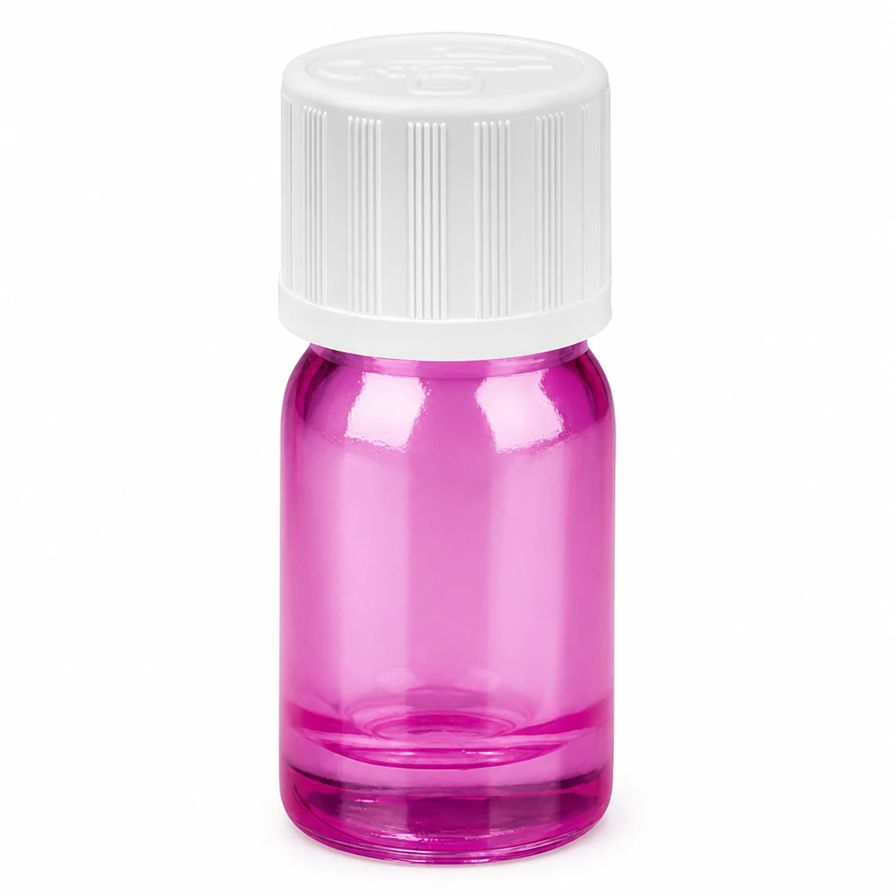 5ml tippapullo 1,2mm valkoinen vakio lapsiturvallinen PurpleLine. UT18/5 5ml tippapullo violetti läpinäkyvä valkoinen korkki tarkkaa annostelua varten.