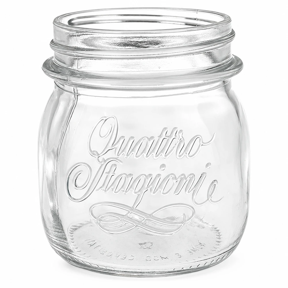 250ml pyöreä purkki "Quattro Stagioni" QS70mm. 250ml Quattro Stagioni säilöntätölkki kirkkaasta lasista, jossa on kohokuvioitu logo, ilman kantta säilöntään ja säilytykseen.