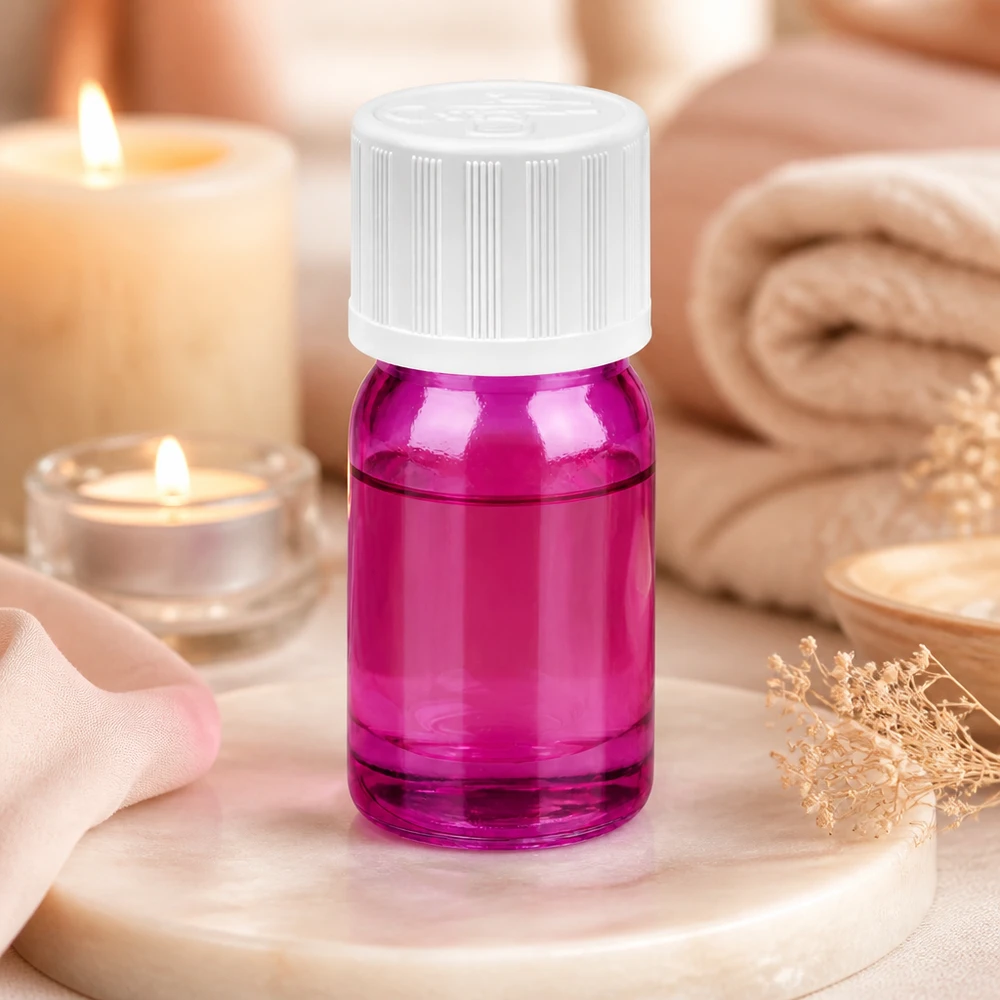 Violetti lasipullo 5ml, jossa on tarkka tiputuskorkki aromaterapiaan ja hyvinvointiin.