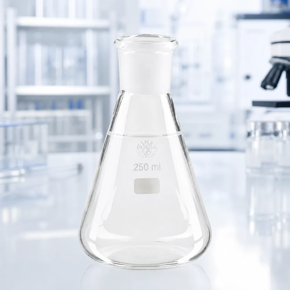 Erlenmeyer-pullo 250ml, jossa on vakiohiottu liitos (29/32). Erlenmeyer-pullo 250ml, jossa on vakiohiottu liitos (29/32).