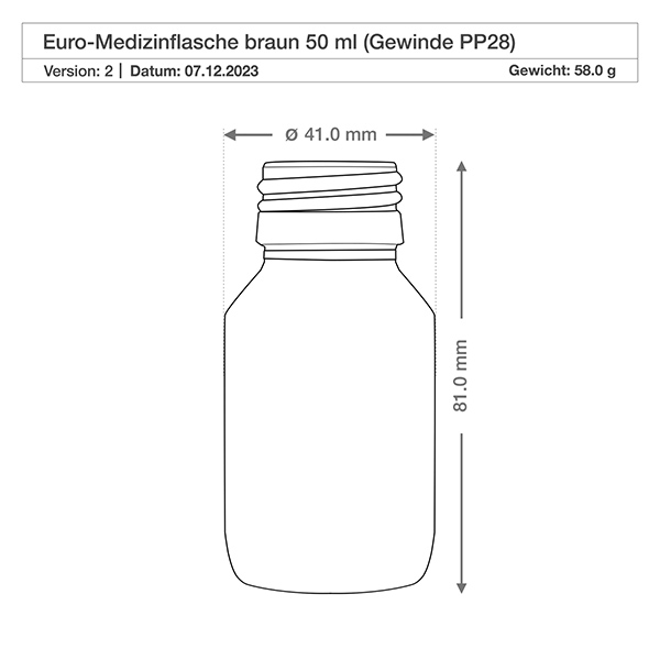 50ml lääkepullo ruskea, kultaisella alumiinikorkilla ApoGlas Robuste Braunglasflasche 50ml mit weiter Flaschenöffnung PP28 ideal für Pulver und Granulate