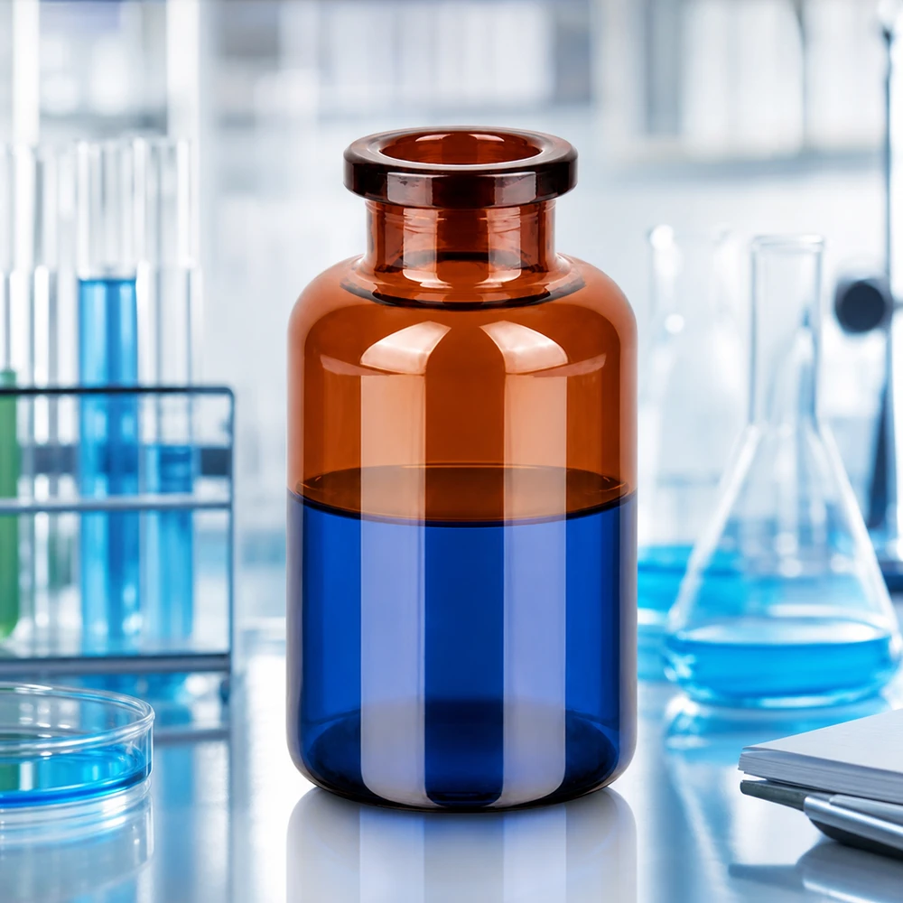 Injektiopullo meripihkalasia 20ml Kompakte Braunglas Injektionsflasche 20ml mit weitem Hals auf Labortisch