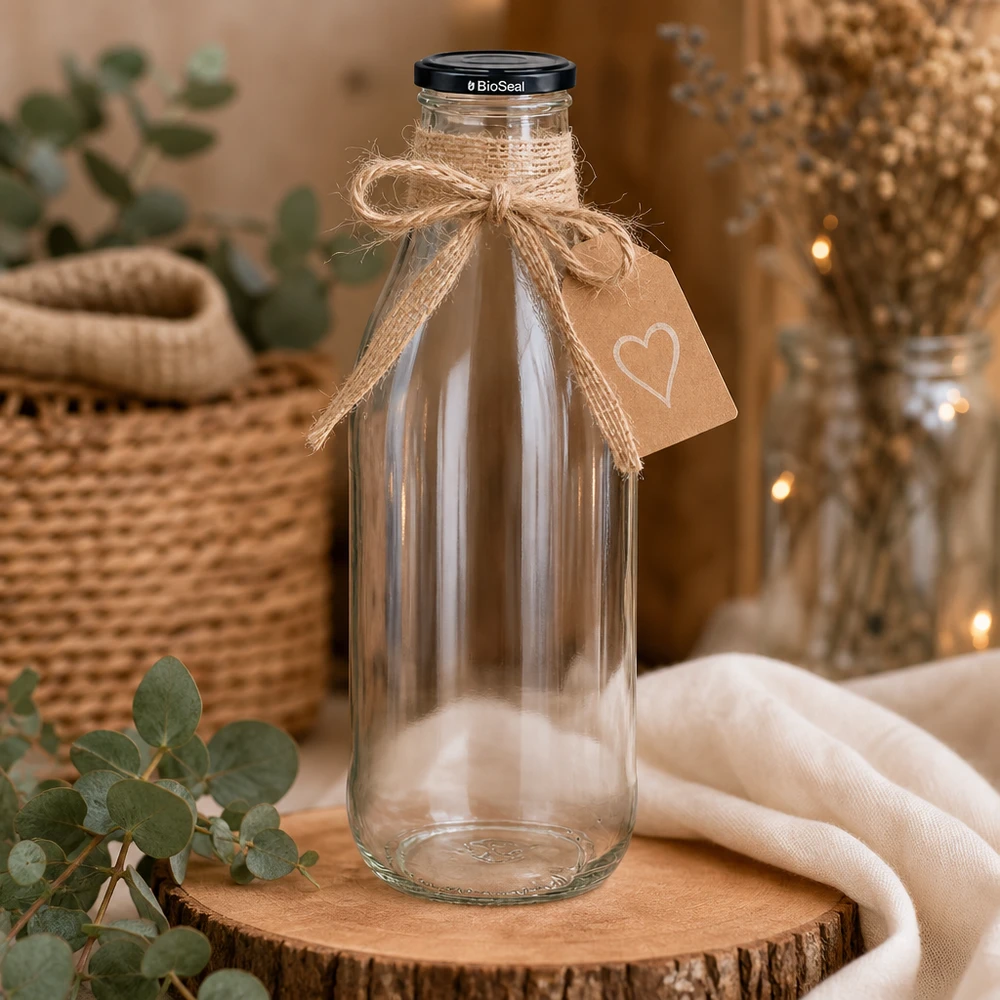 1000ml lasipullo + BioSeal-kansi musta UNiTWIST 1000ml lasipullo BioSeal kansi puinen levy koristeltu juutti rusetti sydän riipus maalaismainen sisustus kestävästi