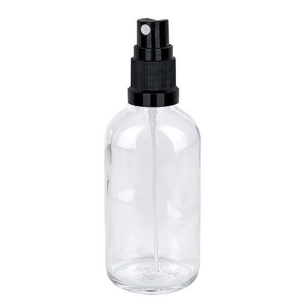 100ml suihkepullo musta/läpinäkyvä vakiokorkki ClearLine UT18/100 100 ml:n läpinäkyvä lasisuihkepullo, jossa on musta pumppusuihkupää, ClearLine-sarja