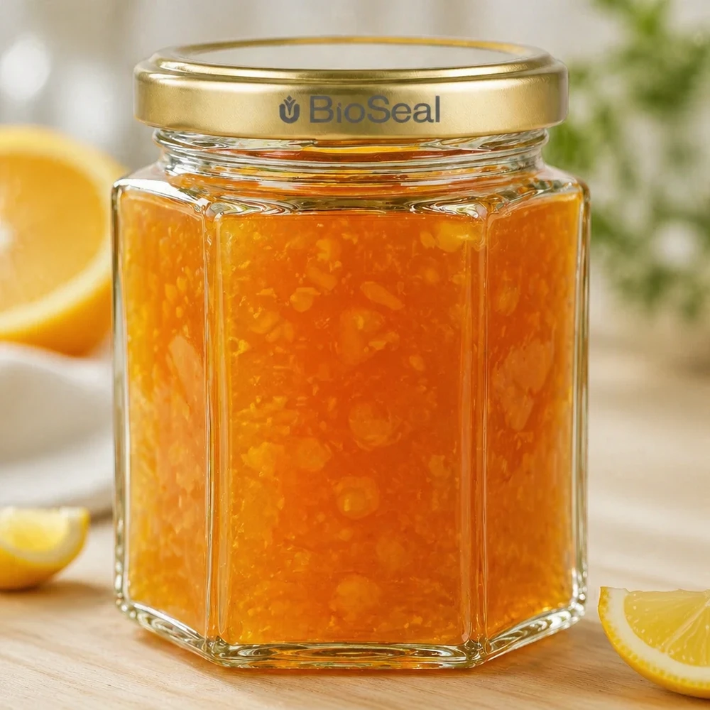 250g Honigglas mit goldenem Deckel BioSeal UNiTWIST 250 g hunajapurkki kuusikulmainen täynnä appelsiinimarmeladia BioSeal kultainen kansi appelsiiniviipaleiden vieressä puulaudalla.