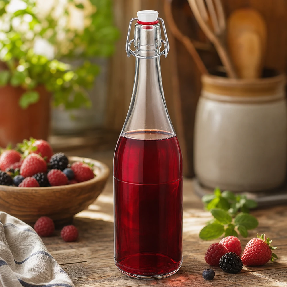 750ml lasipullo + kääntökorkki PVC UNiTWIST 750ml lasipullo swing top täynnä marjamehua keittiö still life sekoitettu marjat hedelmäjuoma maalaismainen