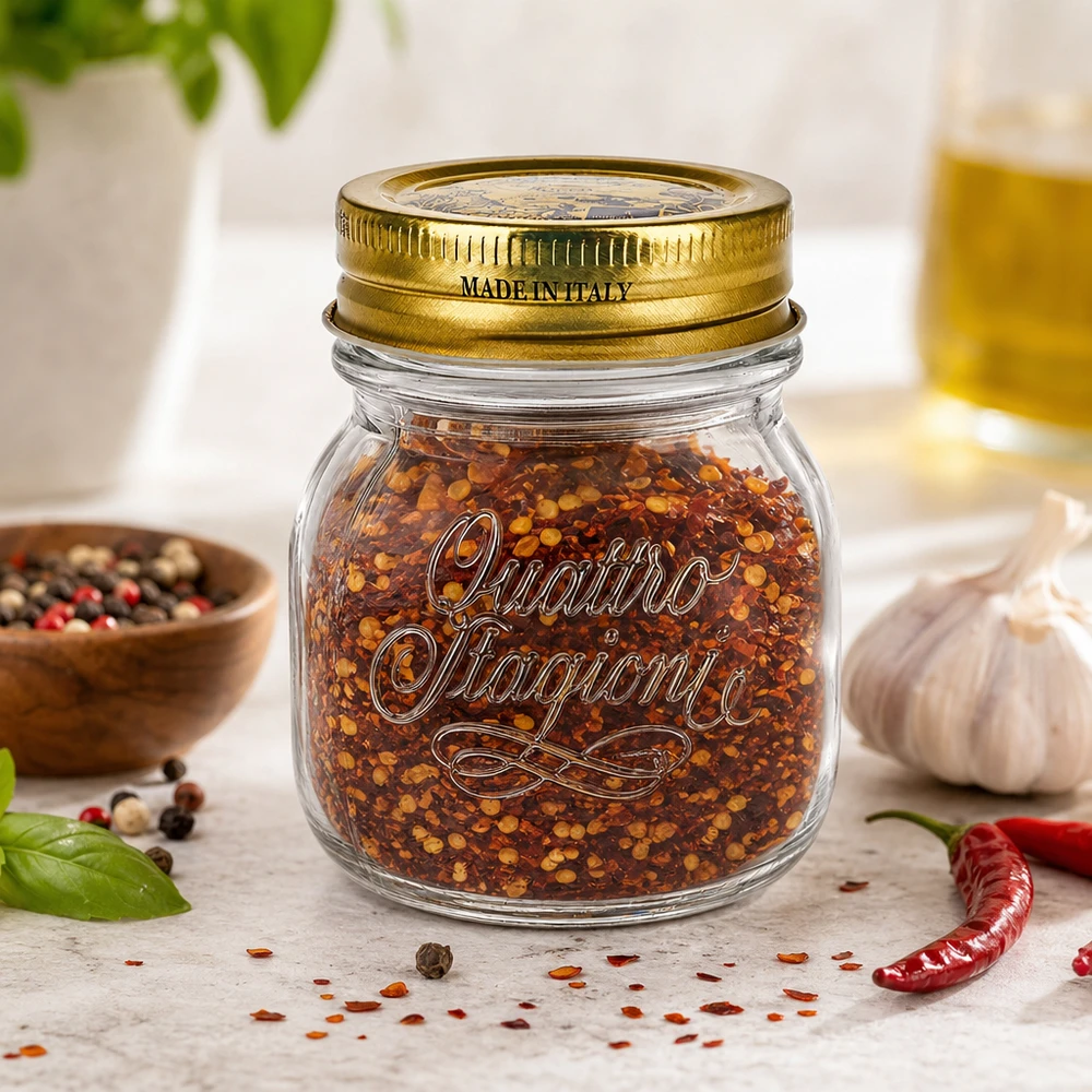 150ml pyöreä purkki "Quattro Stagioni" kannella. 150ml Quattro Stagioni pyöreä purkki, jossa on kultainen kansi, täynnä chilimausteseosta Made in Italy