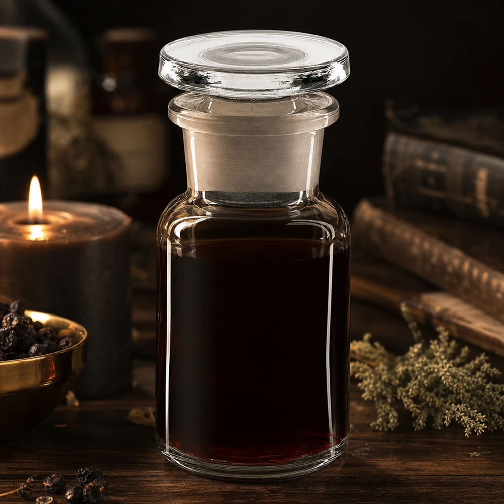 Pyöreä olkapääpullo 50ml kirkas leveäkaulainen lasitulppa Vintage-apteekkipullo, 50 ml, leveäkaulainen, tummanpunainen sisältö ja lasitulppa kynttilänvalossa