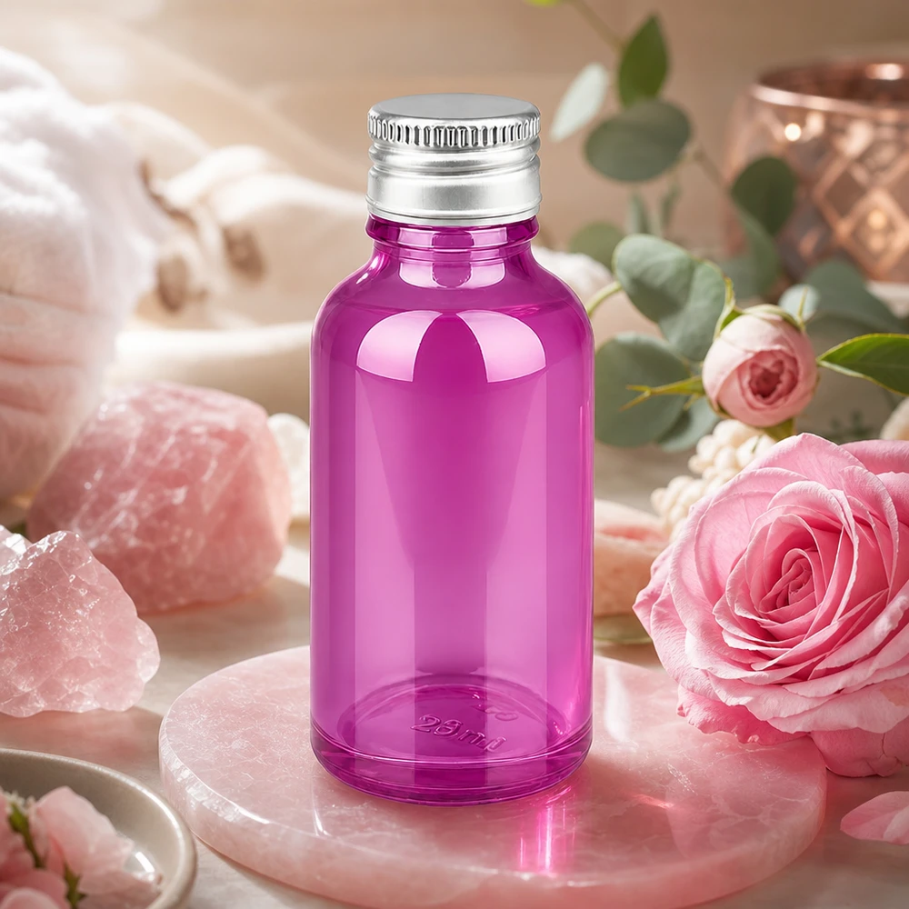 Korkealaatuinen 30ml violetti lasipullo matta-alumiinikorkilla premium-kosmetiikkatuotteille.