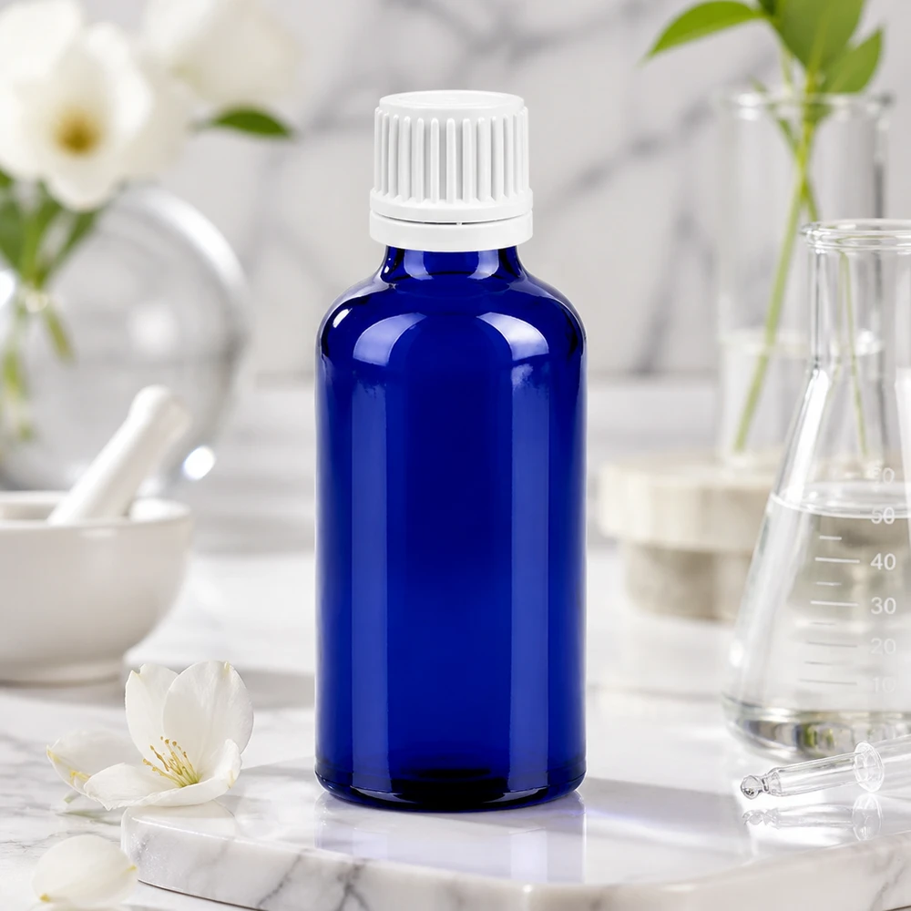 Sininen 50ml lasipullo valkoisella 0.7mm tippakorkilla eteerisille öljyille ja tinktuureille.