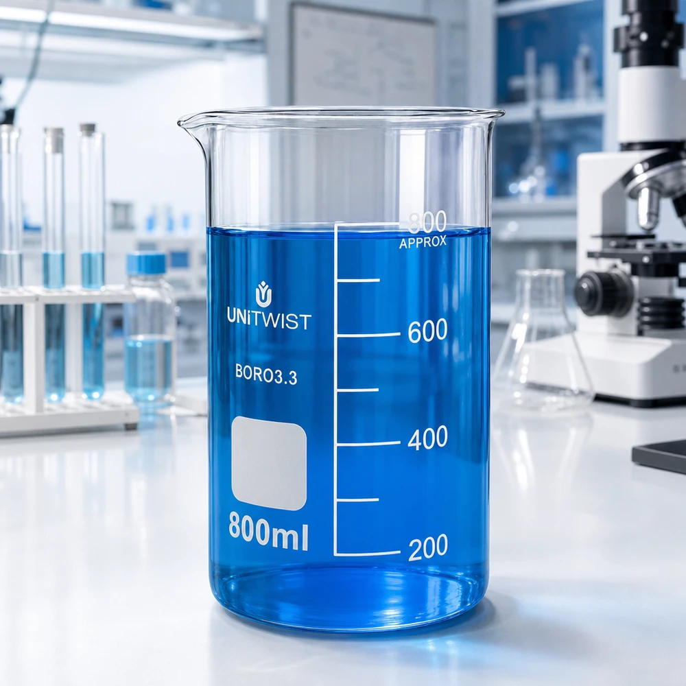 800 ml:n borosilikaattilasi, korkea muotti UNiTWIST UNITWIST-laboratoriomuki, 800 ml, korkea malli, borosilikaattilasia, jossa on sinistä nestettä valkoisella laboratoriopöydällä