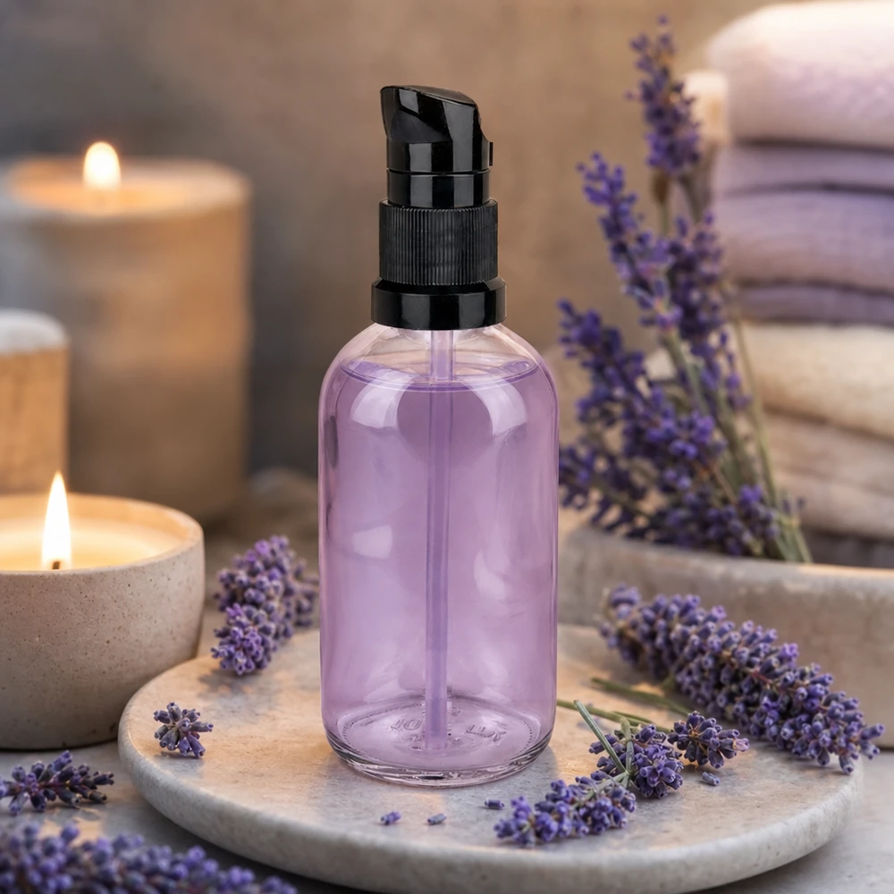 100ml pumppupullo musta vakiokorkki ClearLine UT18/100 Laventeli-pumppupullo 100 ml, violetti, sisältö, musta annostelupumppu, ClearLine UT18 -kosmetiikkapullo