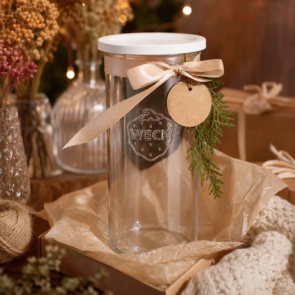 1500ml juomapullot tuoreella kannella WECK RR100 WECK 1500ml RR100 tumblers koristeltu jouluksi rusetti riipus ja kuusen oksa lahjaideana