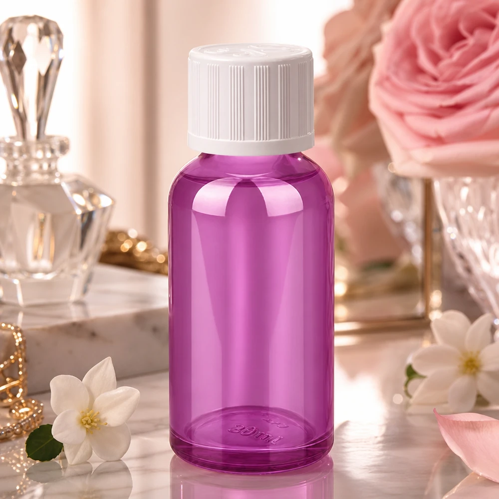 30ml pullo 11mm ruuvikorkki valkoinen standardi lapsiturvallinen PurpleLine UT18/30 Pienikokoinen 30ml violetti pullo, jossa on valkoinen lapsiturvakorkki turvallista säilytystä varten.