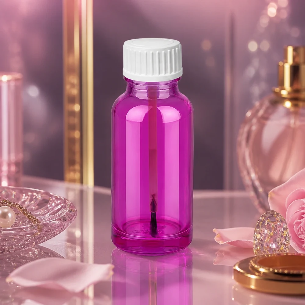 Kompakti 20ml sivellinpullo valkoisella ruuvikorkilla ammattimaiseen kosmetiikkaan.