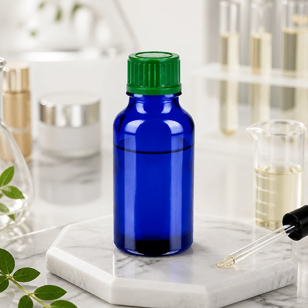 20ml pullo 11mm kierrekorkki vihreä Standard BlueLine UT18/20 Standard BlueLine UT18/20 Kompakti 20ml tippapullo sinisestä lasista, jossa on vihreä korkki kosmetiikkaan ja laboratorioon BlueLine UT18/20