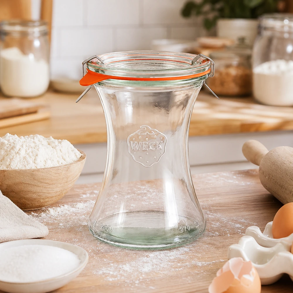 WECK herkkupurkki 370ml RR80 tyhjä keittiössä leivonta-ainekset jauhot munat puiset välineet keittiön tunnelma keittiössä