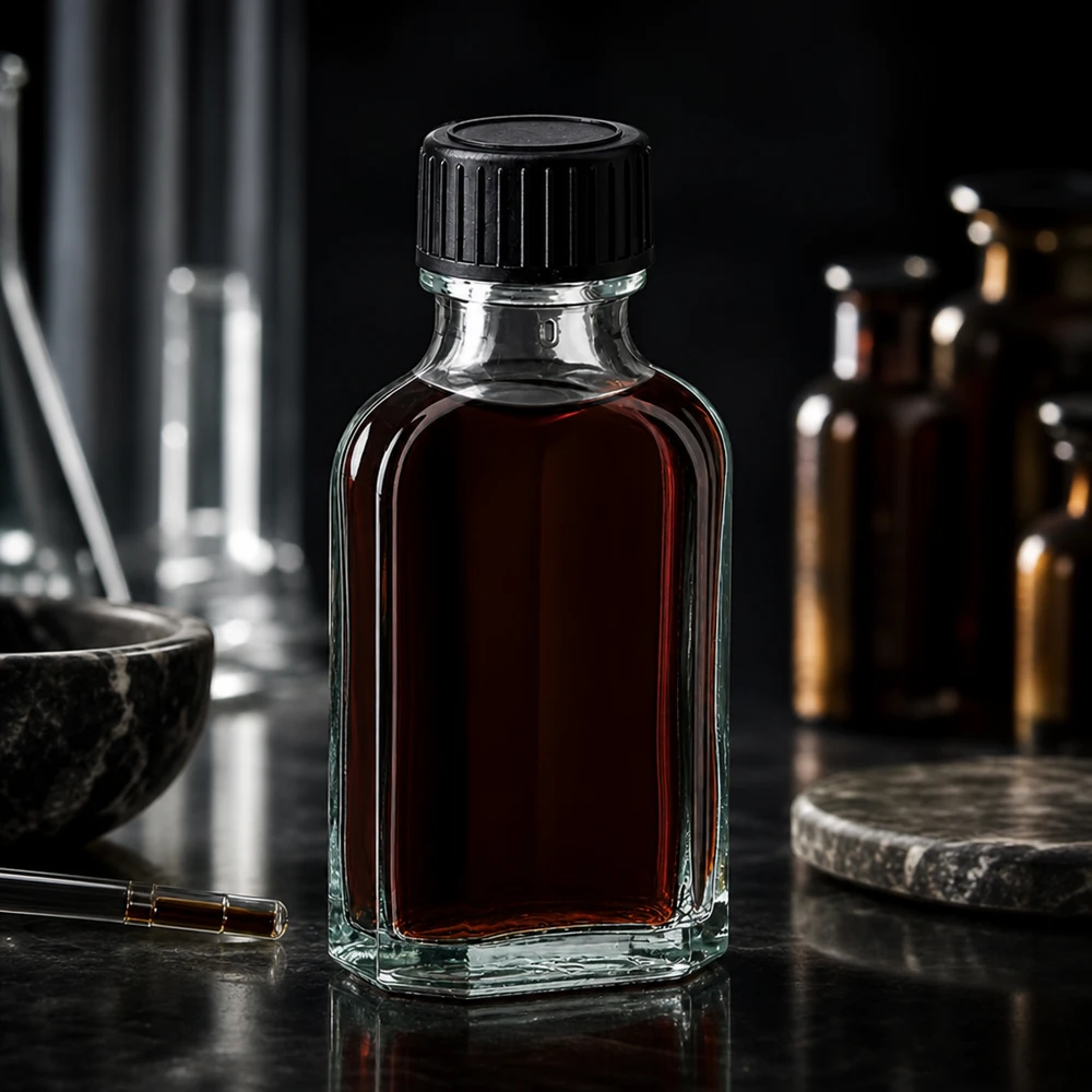 50 ml Meplat kirkas kierrekorkki, jossa on LKD-sulkulevy: LKD-sulkulevy 50 ml:n Meplat-lasipullo, jossa on tummanruskeaa sisältöä ja musta kierrekorkki, laboratoriossa