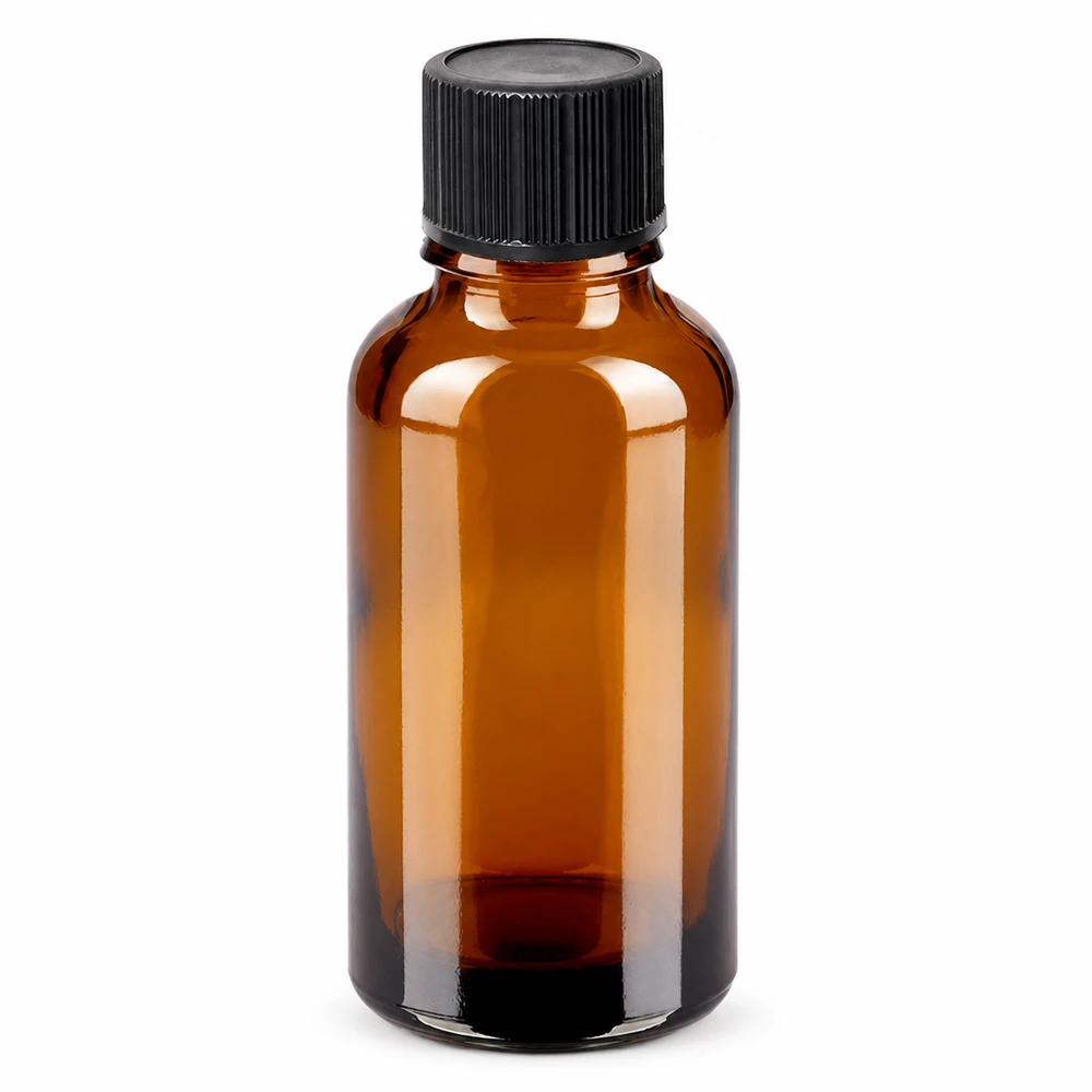 30ml tippapullo 1mm musta vakiosuljin BrownLine UT18/30 30ml meripihkanvärinen lasipullo mustalla tiputuskorkilla eteerisille öljyille ja tinktuureille.