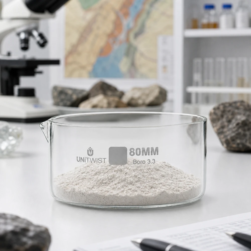Kiteytysastia ø80mm borosilikaattilasi UNiTWIST. 80 mm:n kiteytysastia, jossa on valkoista jauhetta, laboratoriopöydällä UNiTWIST-kivinäytteiden vieressä