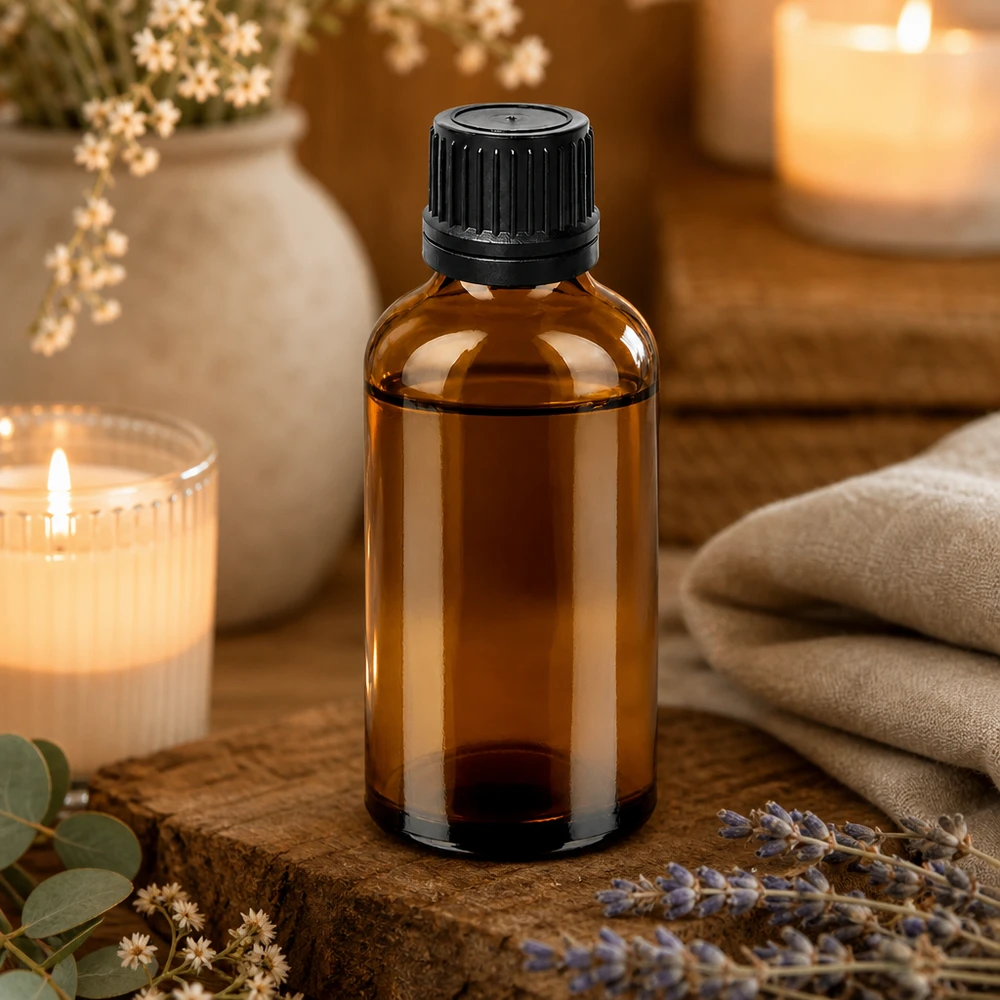 Laadukas 50 ml:n lasipullo mustalla kierrekorkilla ammattikäyttöön.