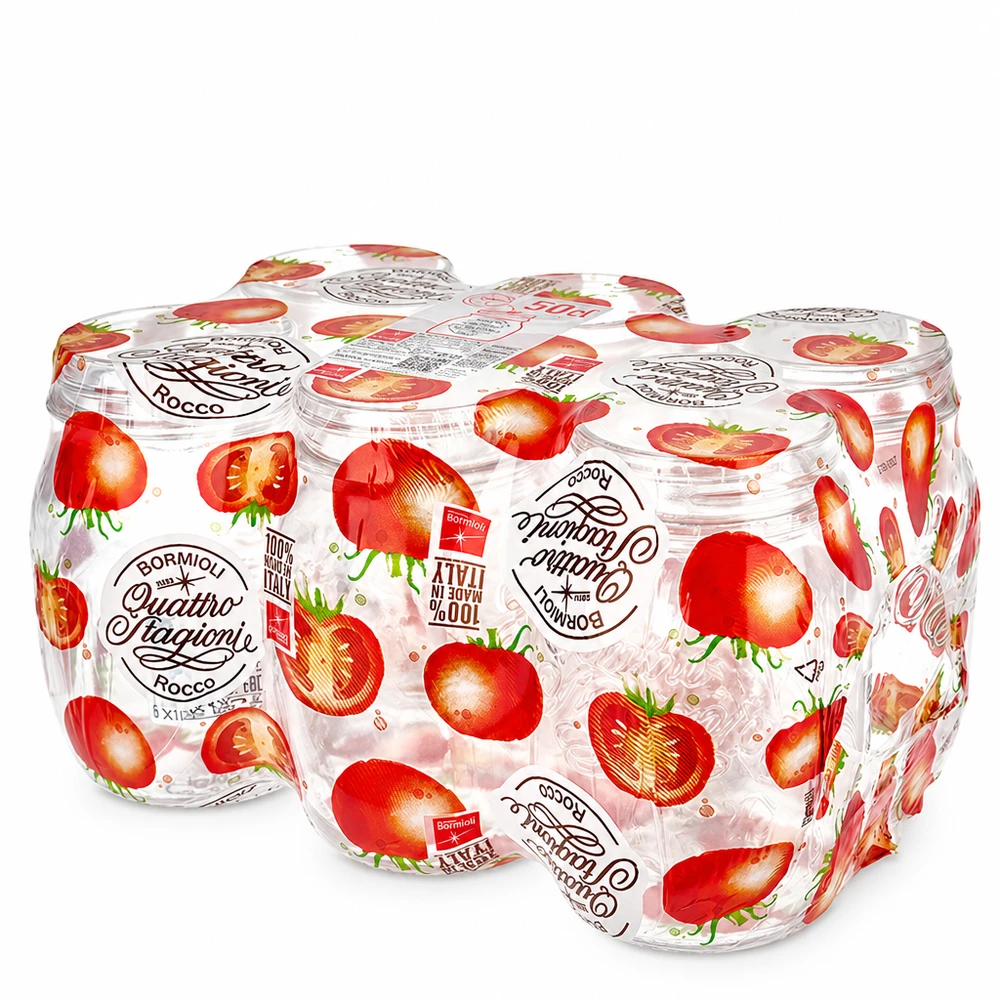 500 ml:n pyöreä "Quattro Stagioni" -purkki, jossa on kansi Bormioli Rocco Quattro Stagioni 500ml pyöreät purkit 6 kpl mansikkakuvioisissa kierrekorkkisissa säilöntätölkeissä.