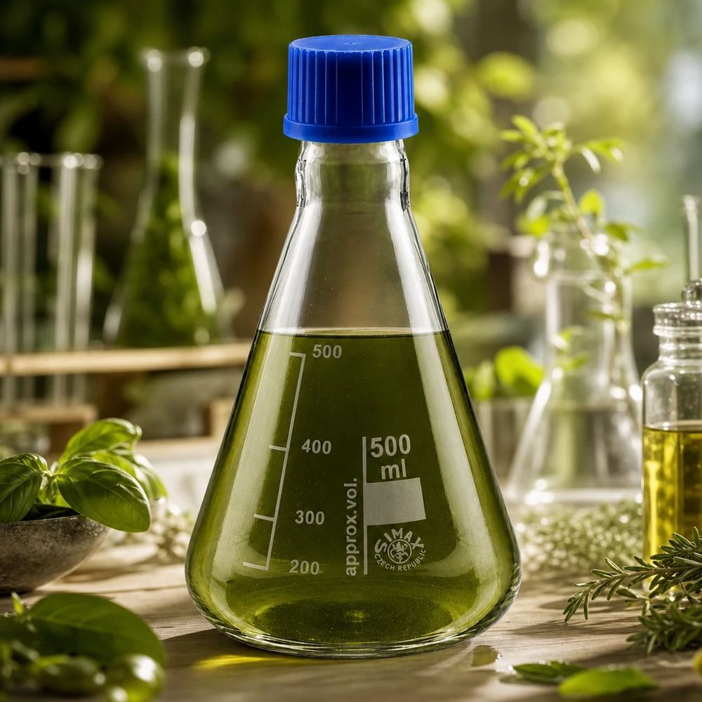 Erlenmeyer-pullo 500ml, jossa on kierrekorkki Erlenmeyerpullo 500ml, jossa on vihreää nestettä ja sininen korkki kokeita varten.