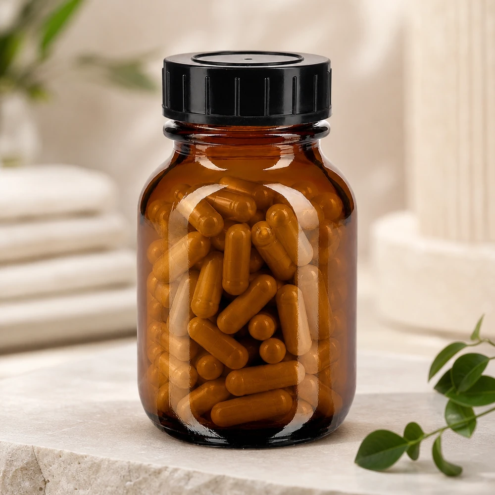 50ml meripihkanvärinen lasipullo, jossa on leveä aukko ja musta korkki helppoa täyttöä varten.