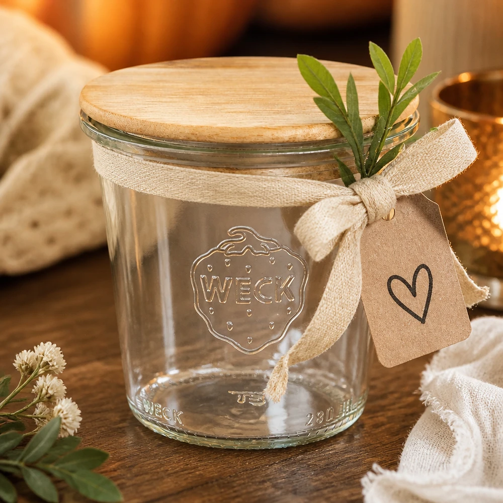 290ml korkea lasipurkki WECK RR80, jossa on puinen kansi WECK tumblers 290ml RR80 bambukannella ja lahjatunnisteella koristeena yrttien ja kangasnauhan kanssa.