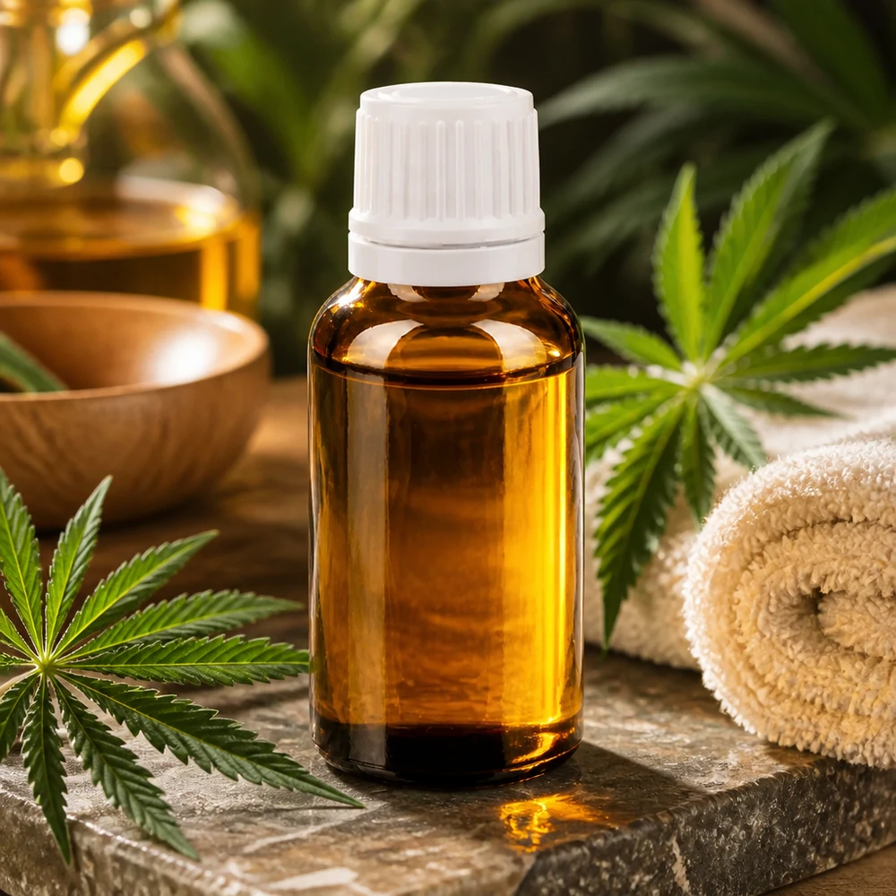 20 ml:n CBD-öljypullo ruskeasta lasista, jossa on valkoinen lapsiturvallinen korkki ja kannabiksen lehtiä