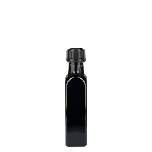 Nelikulmainen violetti lasipullo 250ml (öljypullo), UNI 10155 31.5x 24, sis. mustan kierrekorkin 103574. Nelikulmainen violetti lasipullo 250ml (öljypullo), UNI 10155 31.5x 24, sis. mustan kierrekorkin 103574.