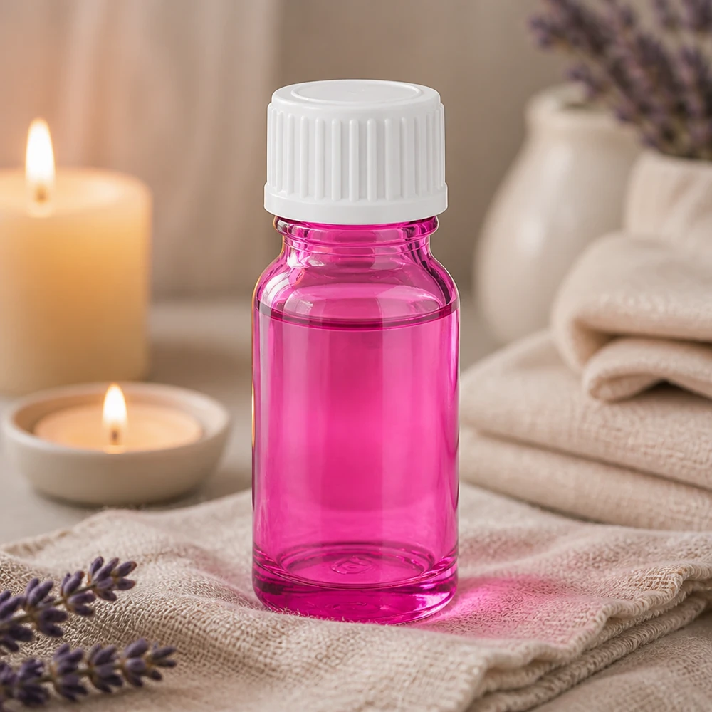 Kompakti 10 ml violetti lasipullo, jossa on kierrekorkki nesteiden tarkkaan annosteluun.