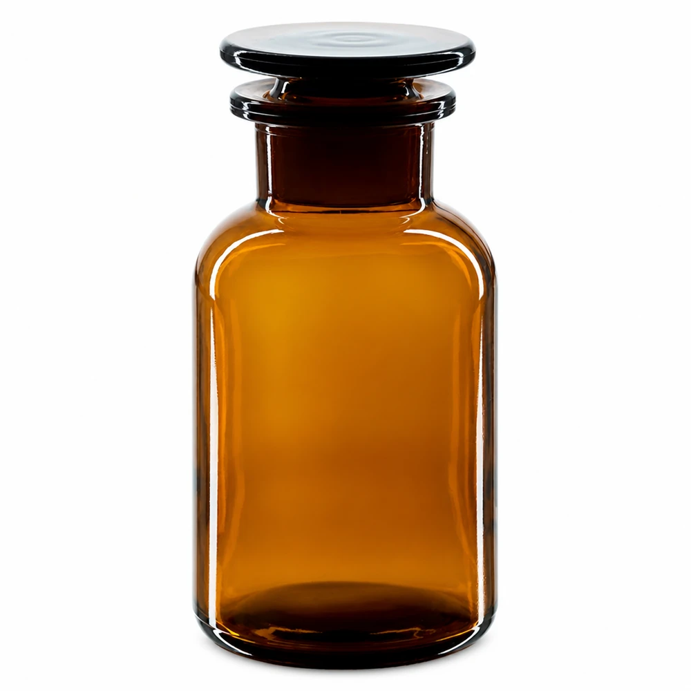 Ruskea, pyöreäolkapäinen 250 ml:n pullo, jossa on lasitulppa, leveäkaulainen, laboratorio- ja apteekkikäyttöön