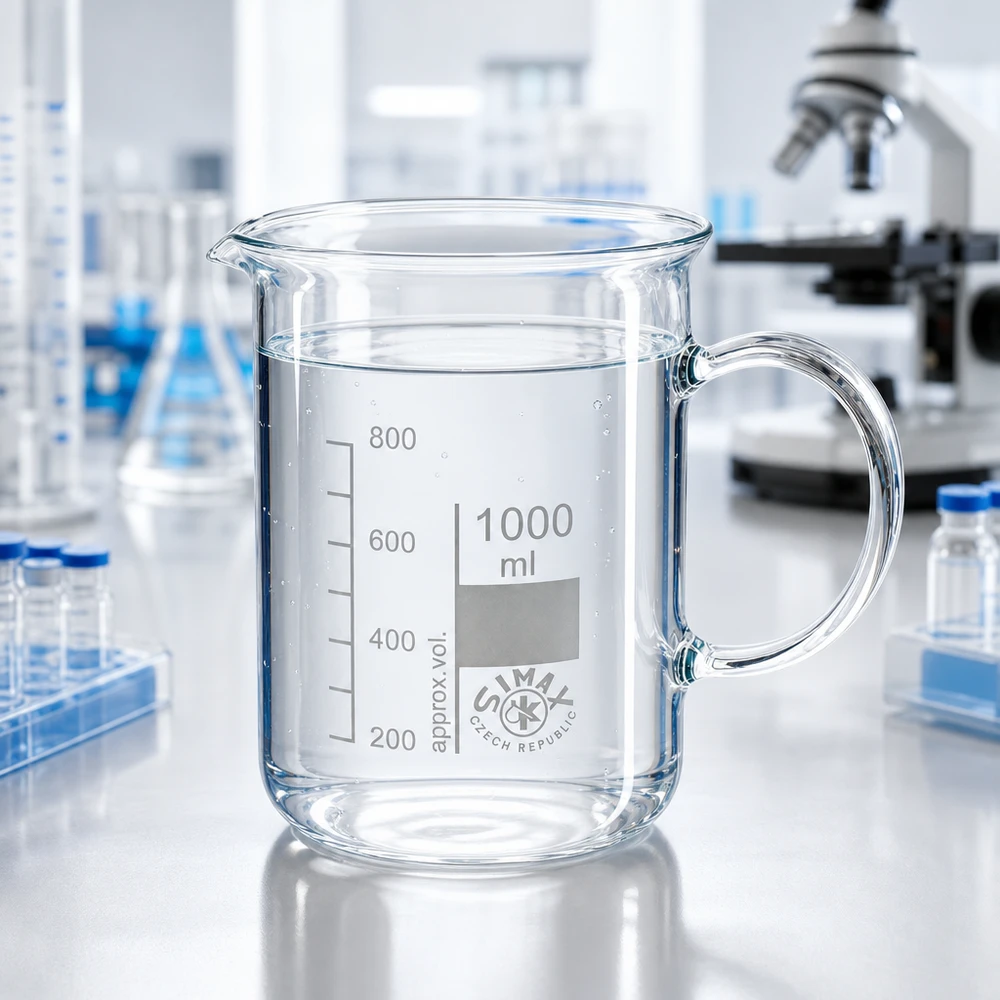 Juomalasi 1000ml borosilikaattilasi, kahvalla varustettuna Kirkas 1000 ml:n mittalasi, jossa on lasikahva ja joka on täytetty vedellä, valkoisella laboratoriopöydällä