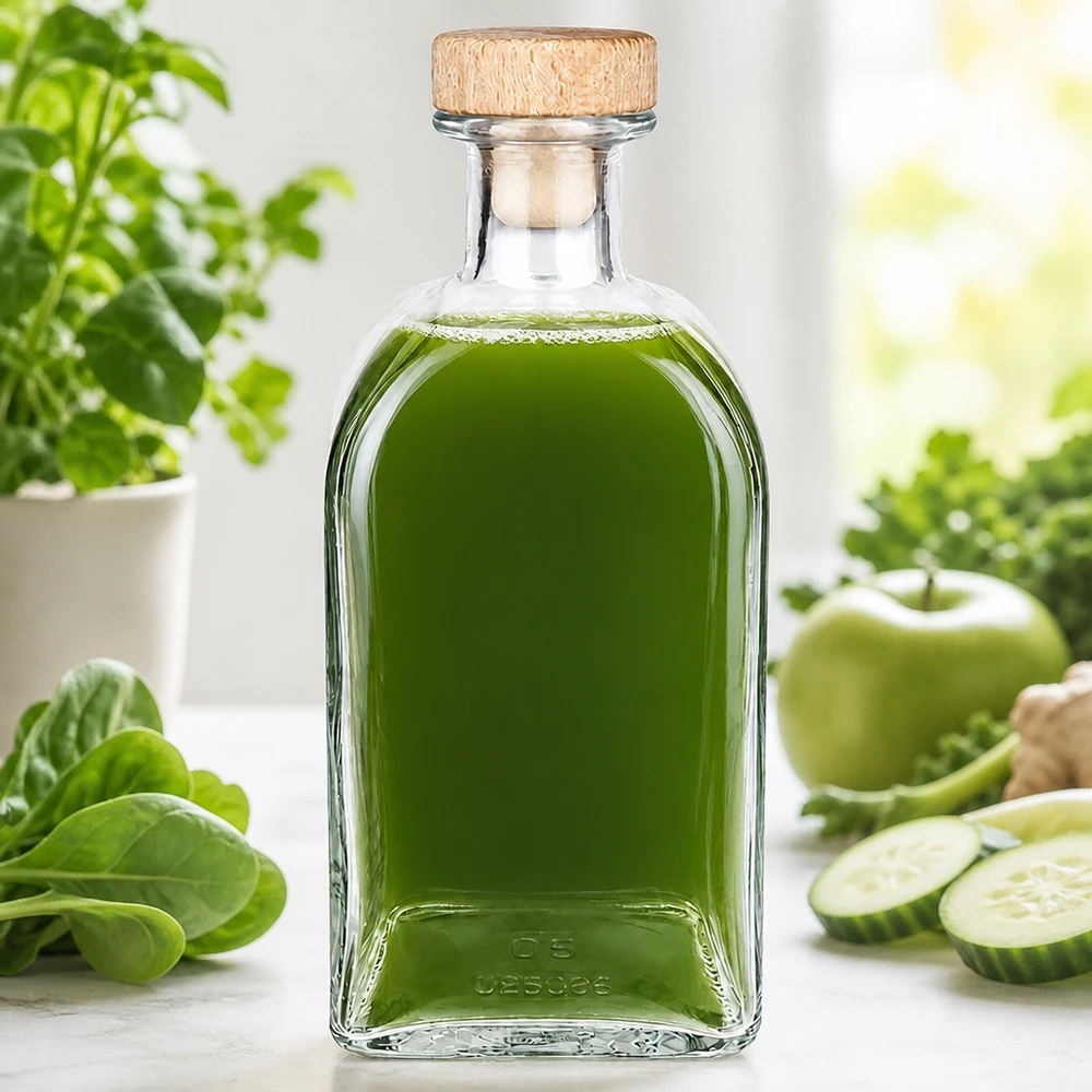 500ml Glasflasche "Julia" mit Holzgriff-Korken UNiTWIST 500ml Julia-lasipullo, jossa on puukorkki, täynnä vihreää smoothieta, jota ympäröivät tuoreet vihannekset ja yrtit.