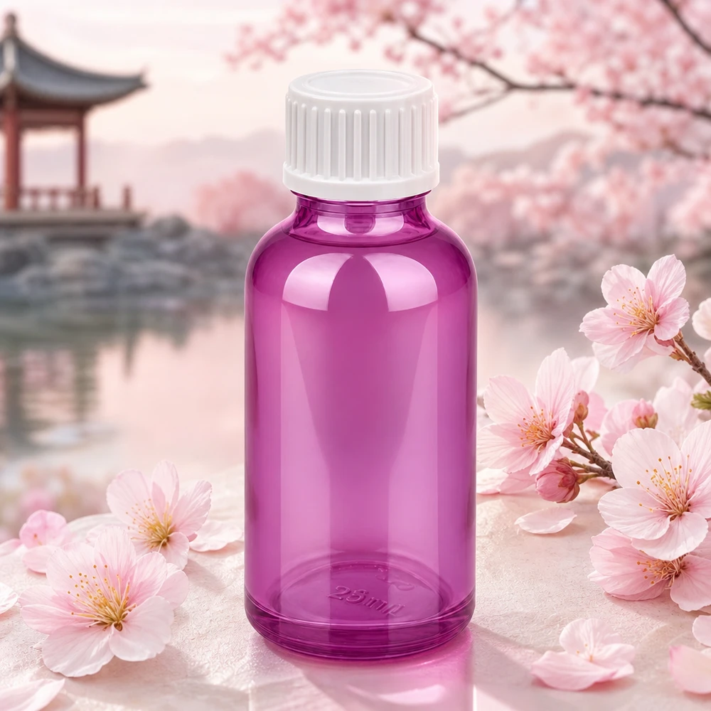 Pienikokoinen 30ml tippapullo violetissa värissä aromaterapiasovelluksiin ja tuoksuöljyihin.