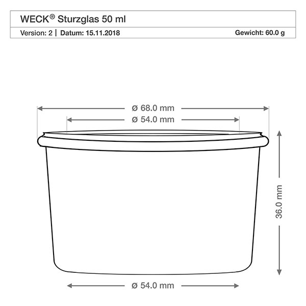 48 Weck 50 ml:n juomapullon setti, jossa on 48 lasikantta. WECK 50ml rumpupullot RR60 tekninen piirustus ja mitat - halkaisija 68mm, korkeus 36mm säilöntätölkkeihin.