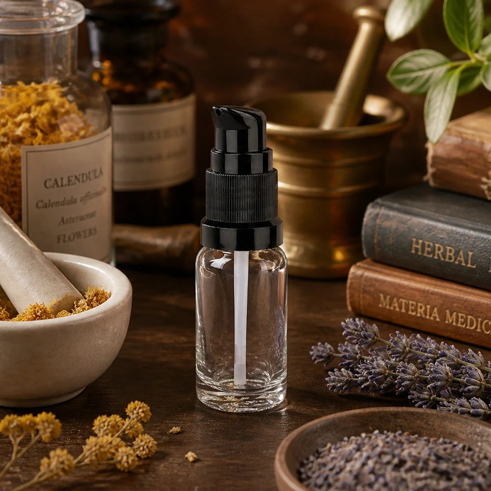 10ml pumppupullo musta vakiokorkki ClearLine UT18/10 Läpinäkyvä 10 ml:n pumppupullo, jossa on musta pumppupää ja jonka ympärillä on yrttejä ja lääkekasveja