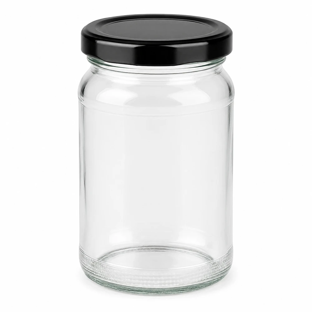 Tyhjä pyöreä UNiTWIST 110ml purkki mustalla TO48 BasicSeal-kannella säilykkeille ja hilloille.