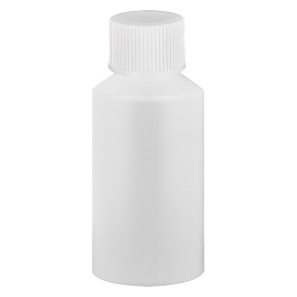 Apteekkipullo HDPE 50ml valkoinen, valkoisella kierrekorkilla varustettuna Apteekkipullo HDPE 50ml valkoinen, valkoisella kierrekorkilla varustettuna